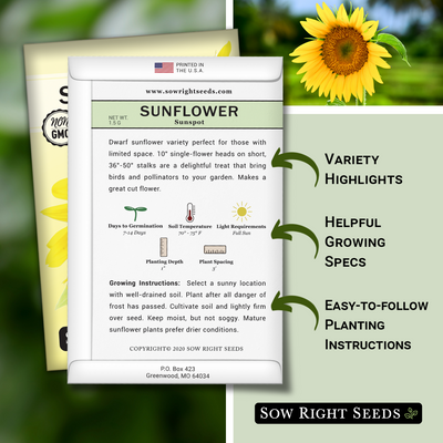 sunspot sunflower seed packet includes variety highlights helpful growing specs easy to follow planting instructions