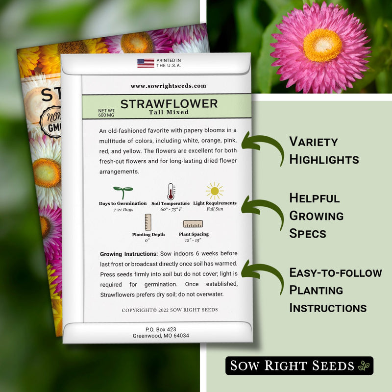 tall mixed strawflower packet includes variety highlights, helpful growing specs, easy to follow planting instructions