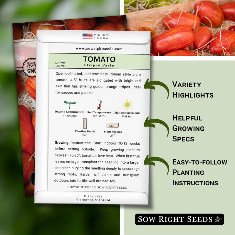 striped paste tomato seed packet includes variety highlights helpful growing specs easy to follow planting instructions