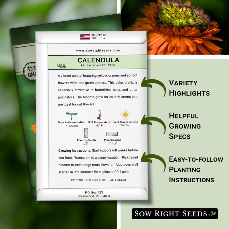 greenheart mix calendula seed packet features variety highlights helpful growing specs easy to follow planting instructions