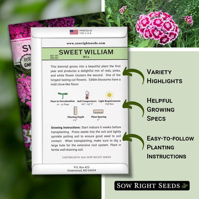 sweet william mix seed packet features variety highlights helpful growing specs easy to follow planting instructions