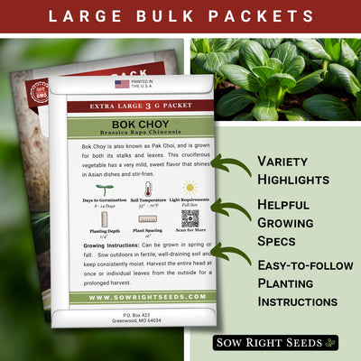 bok choy pak choi large bulk jumbo seed packet includes variety highlights helpful growing specs easy to follow planting instructions