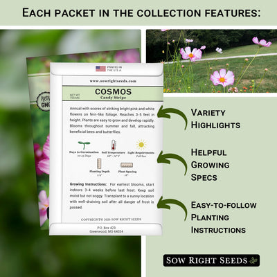 each packet in the cosmos flower seed collection features variety highlights helpful growing specs easy to follow planting instructions