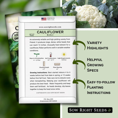 rober cauliflower seed packet features variety highlights helpful growing specs easy to follow planting instructions