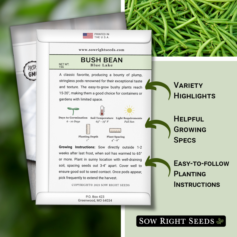 blue lake bush bean seed packet includes variety highlights helpful growing specs easy to follow planting instructions