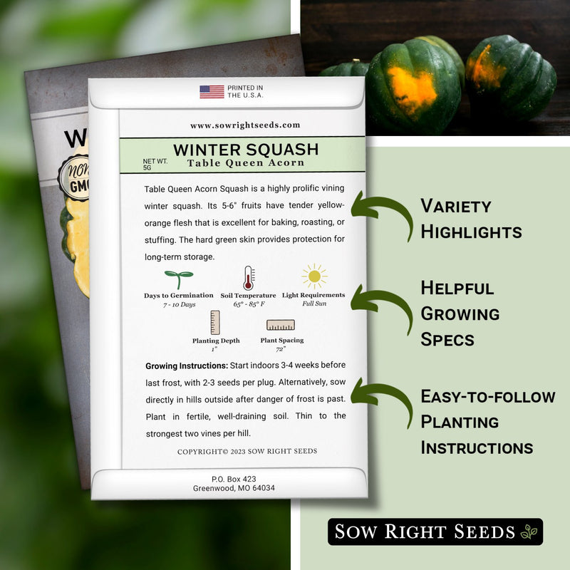 table queen acorn winter squash seed packet features variety highlights helpful growing specs easy to follow planting instructions