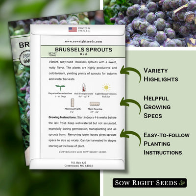 red brussels sprouts seed packet includes variety highlights helpful growing specs easy to follow planting instructions