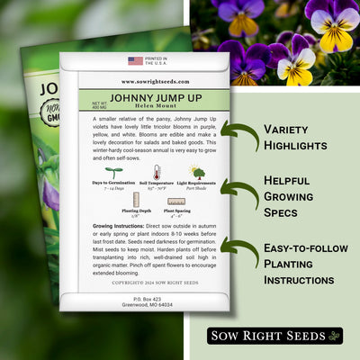 helen mount johnny jump up seed packet includes variety highlights helpful growing specs easy to follow planting instructions