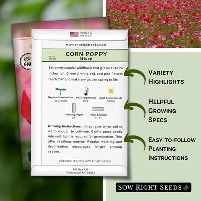 mixed corn poppy seed packet includes variety highlights, helpful growing specs, easy to follow planting instructions