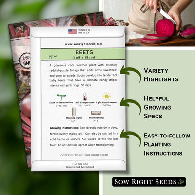 bulls blood beet seed packet includes variety highlights, helpful growing specs, easy to follow planting instructions