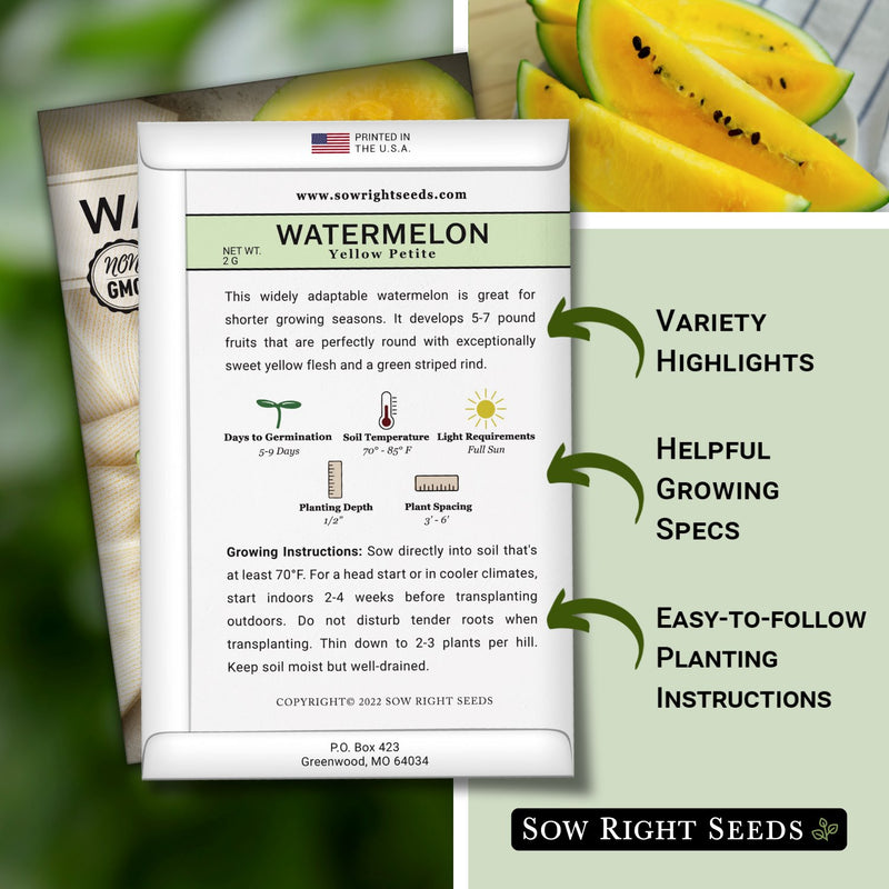 yellow petite watermelon seed packet includes variety highlights helpful growing specs easy to follow planting instructions