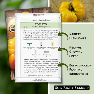 yellow brandywine tomato packet includes variety highlights, helpful growing specs, easy to follow planting instructions