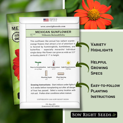 mexican sunflower seed packet includes variety highlights helpful growing specs easy to follow planting instructions