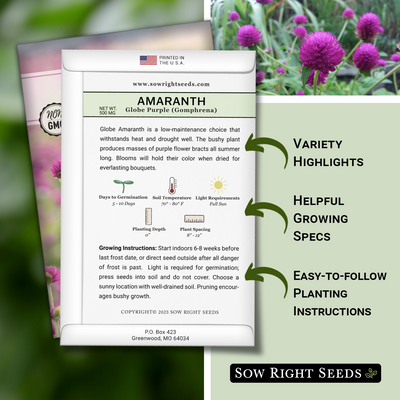 globe purple amaranth seed packet includes variety highlight helpful growing specs easy to follow planting instructions