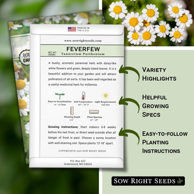 feverfew seed packet includes variety highlights helpful growing specs easy to follow planting instructions