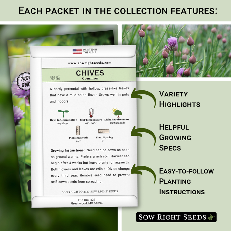 each packet in the chive seed collection features variety highlights helpful growing specs easy to follow planting instructions