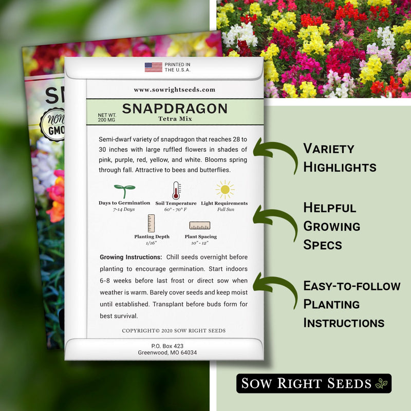 tetra mix snapdragon seed packet includes variety highlights helpful growing specs easy to follow planting instructions