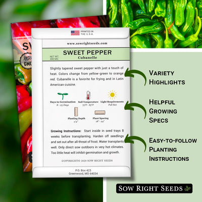 cubanelle sweet pepper seed packet includes variety highlights helpful growing specs easy to follow planting instructions