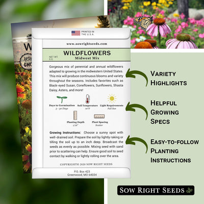 midwest mix wildflowers packet includes variety highlights, helpful growing specs, easy to follow planting instructions