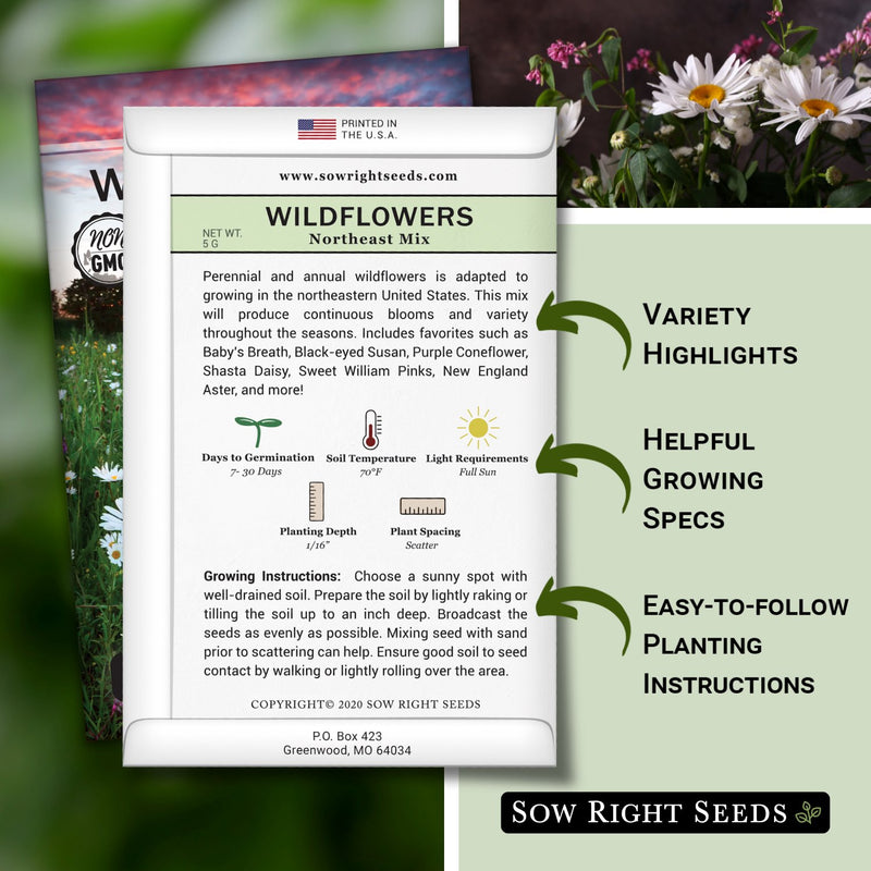 northeast mix wildflowers seed packet includes variety highlights helpful growing specs easy to follow planting instructions