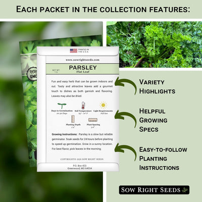 each packet in the parsley seed collection features variety highlights helpful growing specs easy to follow planting instructions