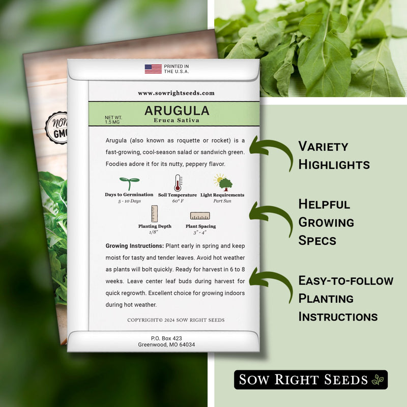 arugula seed packet includes variety highlights helpful growing specs easy to follow planting instructions