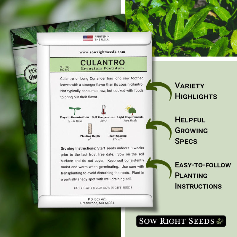 culantro seed packet features variety highlights helpful growing specs easy to follow planting instructions