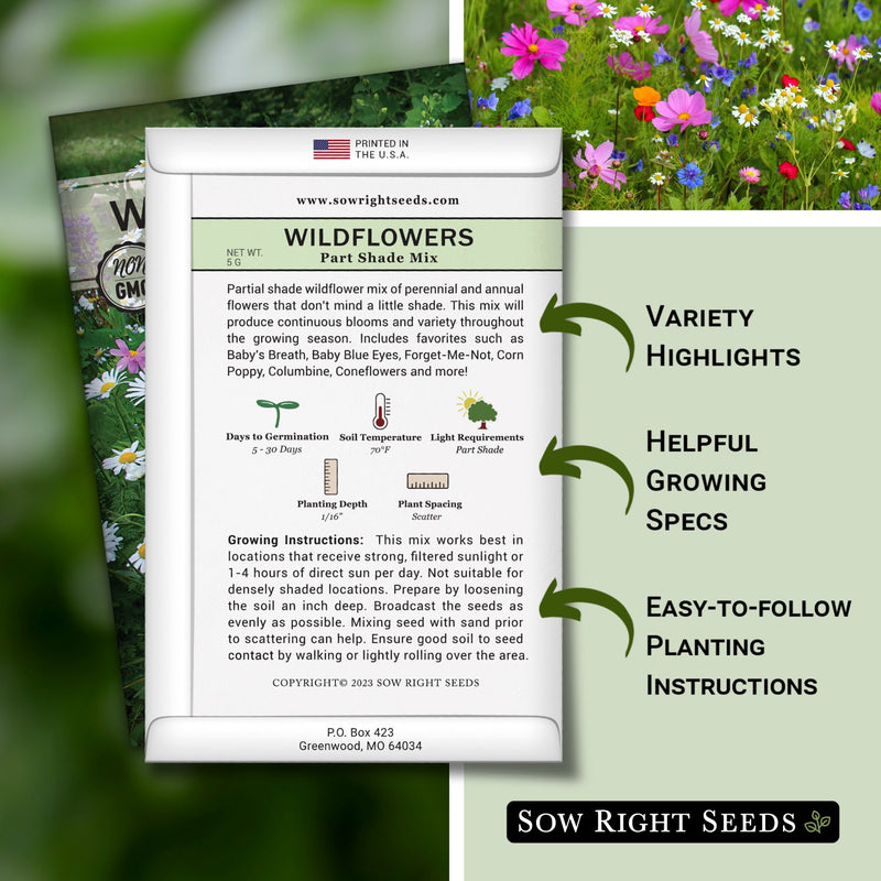 part shade mix wildflowers seed packet includes variety highlights helpful growing specs easy to follow planting instructions