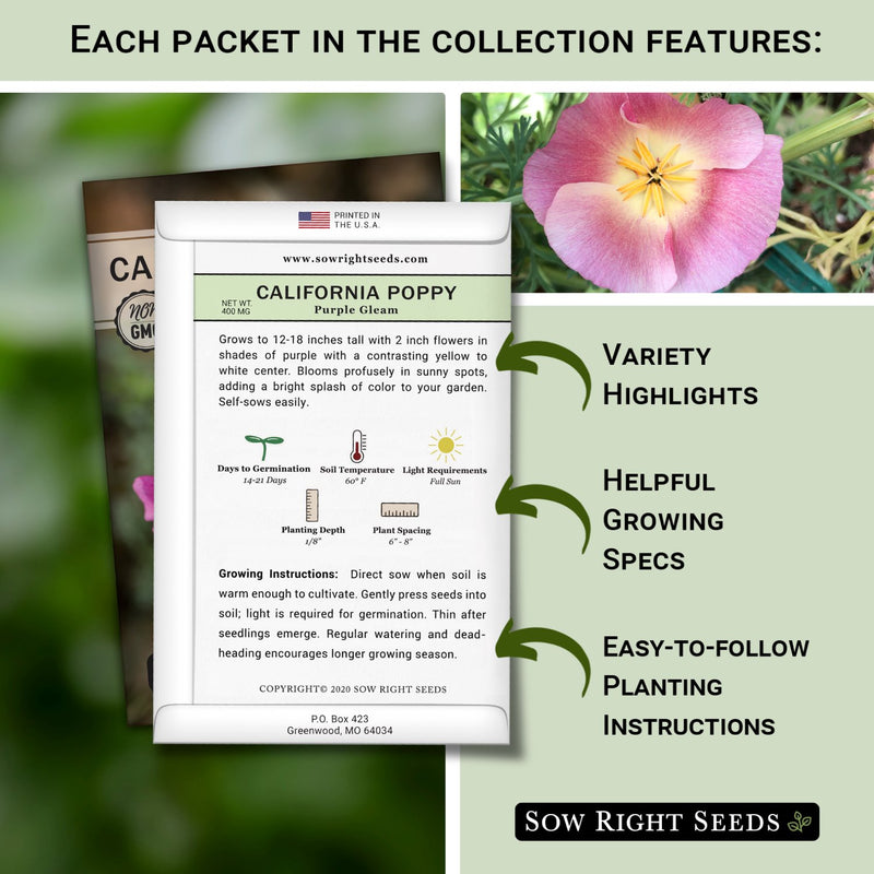 each packet in the poppy collection features variety highlights helpful growing specs easy to follow planting instructions