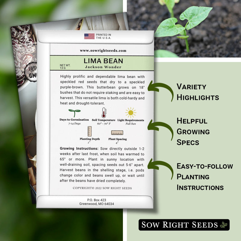 jackson wonder lima bean seed packet includes variety highlights helpful growing specs easy to follow planting instructions