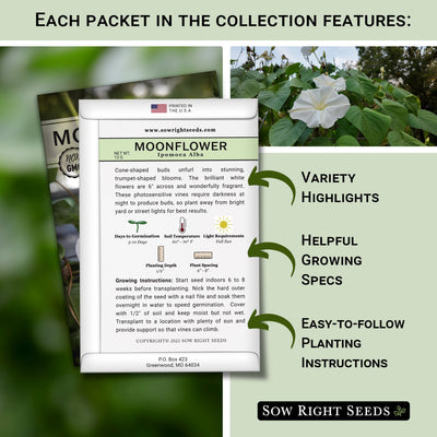 each packet in the moon garden white flower seed collection features variety highlights helpful growing specs easy to follow planting instructions