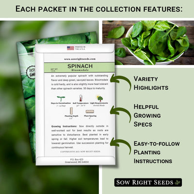 each packet in the large greens seed collection features variety highlights helpful growing specs easy to follow planting instructions