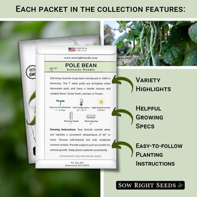 each packet in the pole bean seed collection features variety highlights helpful growing specs easy to follow planting instructions