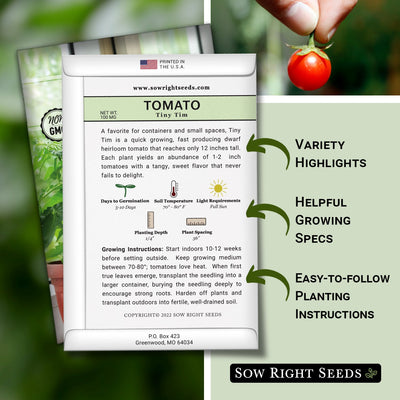 tiny tim tomato packet includes variety highlights, helpful growing specs, easy to follow planting instructions