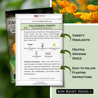 california poppy packet includes variety highlights, helpful growing specs, easy to follow planting instructions