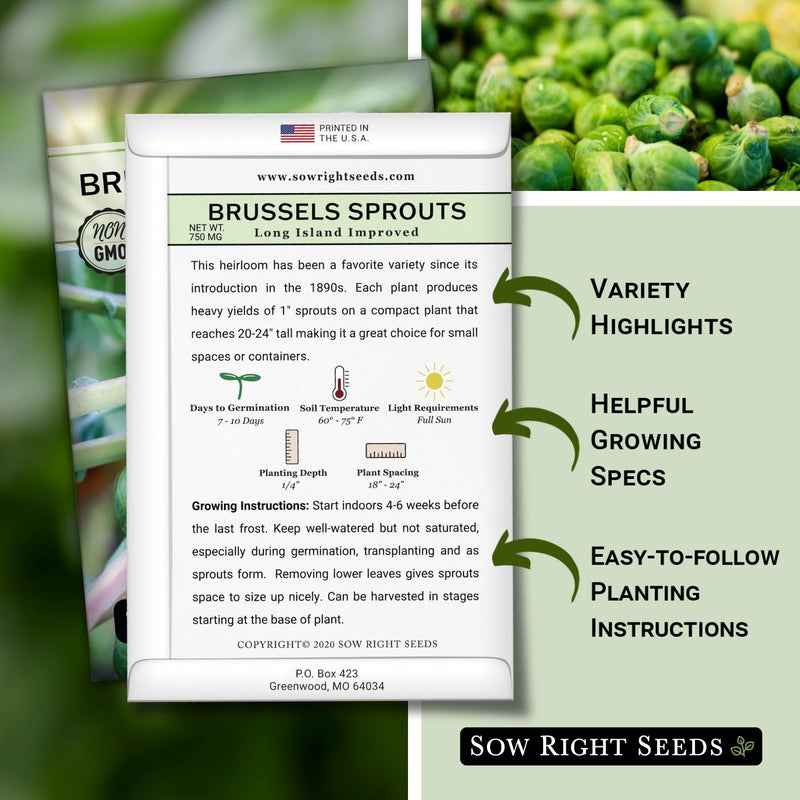 long island improved brussels sprouts packet includes variety highlights, helpful growing specs, easy to follow planting instructions