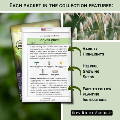 each packet in the all cover crop seed collection features variety highlights helpful growing specs easy to follow planting instructions