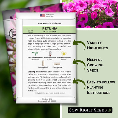 wild violet petunia seed packet includes variety highlights helpful growing specs easy to follow planting instructions