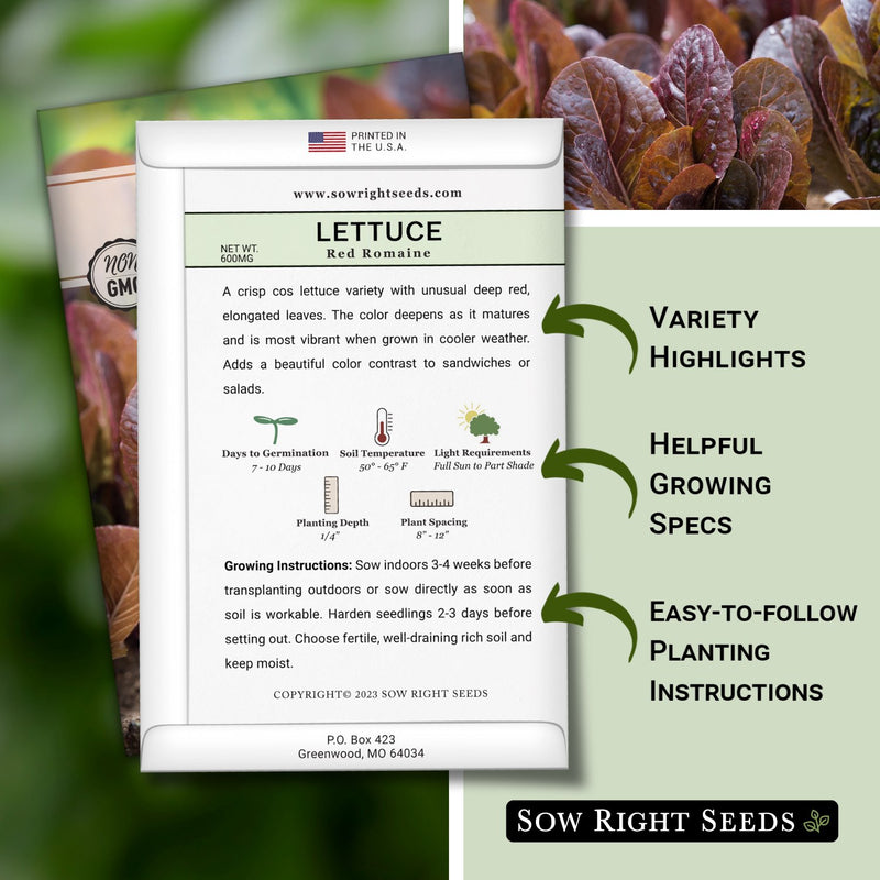 red romaine lettuce seed packet features variety highlights helpful growing specs easy to follow planting instructions