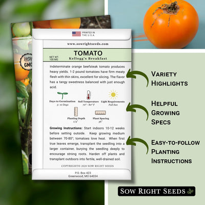kellogg's breakfast tomato packet includes variety highlights, helpful growing specs, easy to follow planting instructions