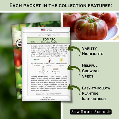 each packet in the classic tomato seed collection features variety highlights, helpful growing specs, easy to follow planting instructions