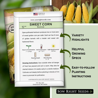 sweet bantam corn seed packet includes variety highlights helpful growing specs easy to follow planting instructions