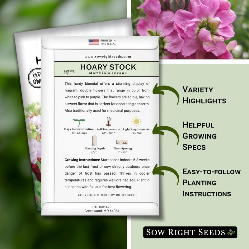 hoary dwarf mixed stock seed packet includes variety highlights helpful growing specs easy to follow planting instructions