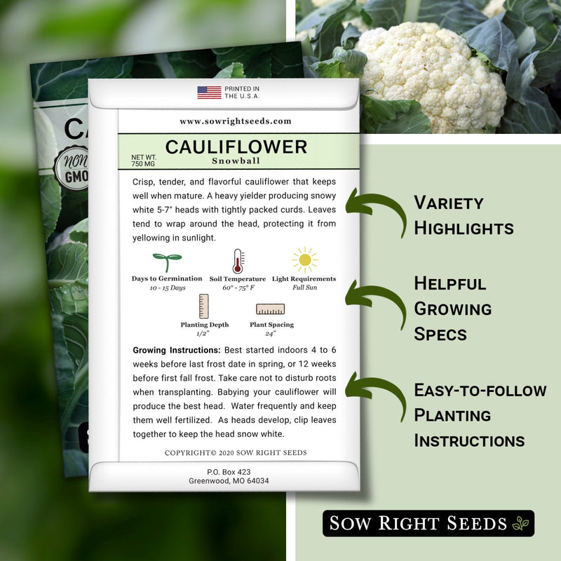 snowball cauliflower seed packet includes variety highlights helpful growing specs easy to follow planting instructions