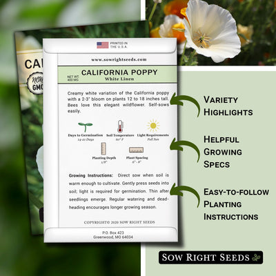 white linen california poppy packet includes variety highlights helpful growing specs easy to follow planting instructions
