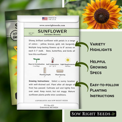 autumn beauty sunflower seed packet includes variety highlights helpful growing specs easy to follow planting instructions