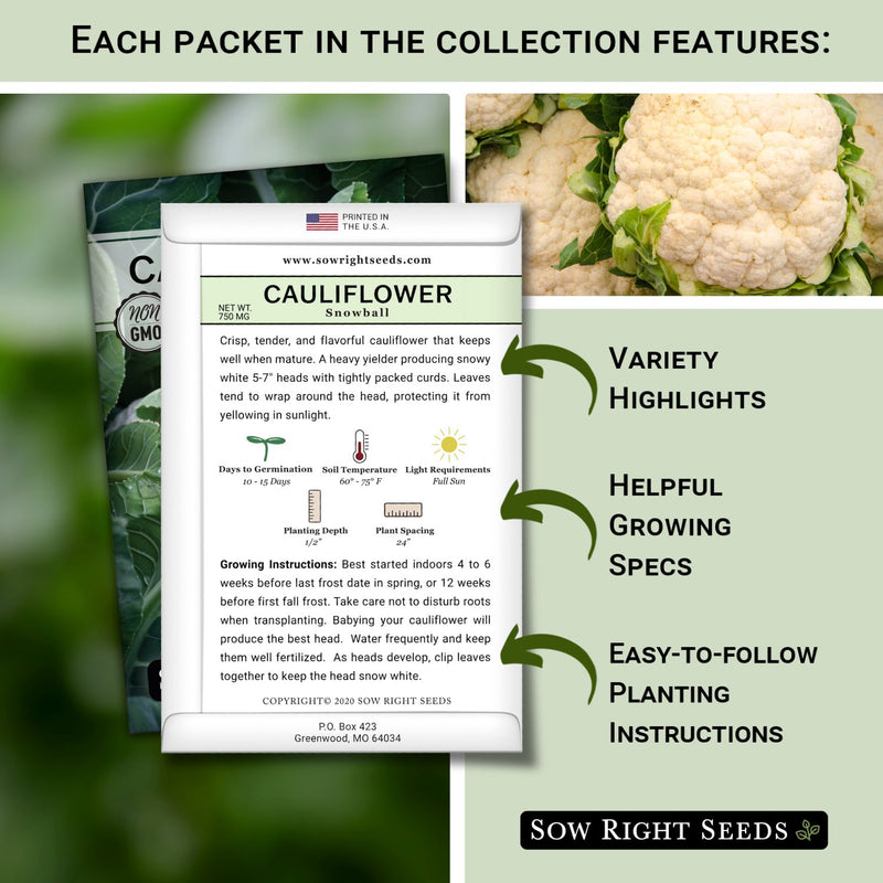 each packet in the cauliflower seed collection features variety highlights helpful growing specs easy to follow planting instructions