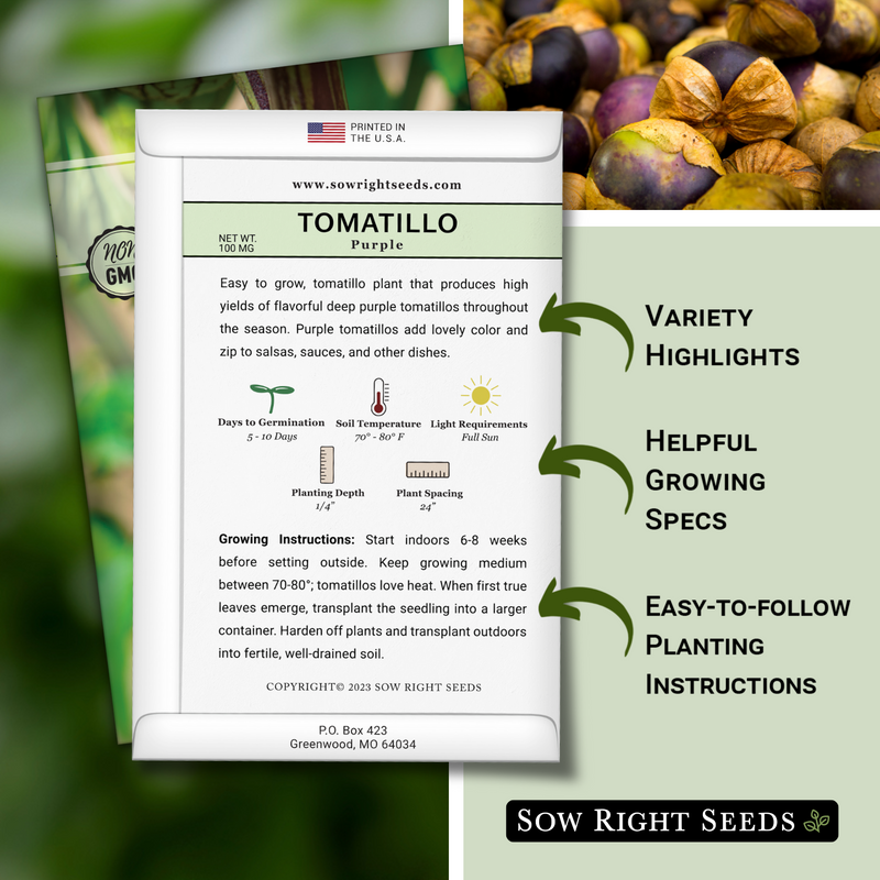 purple tomatillo seed packet includes variety highlights helpful growing specs easy to follow planting instructions