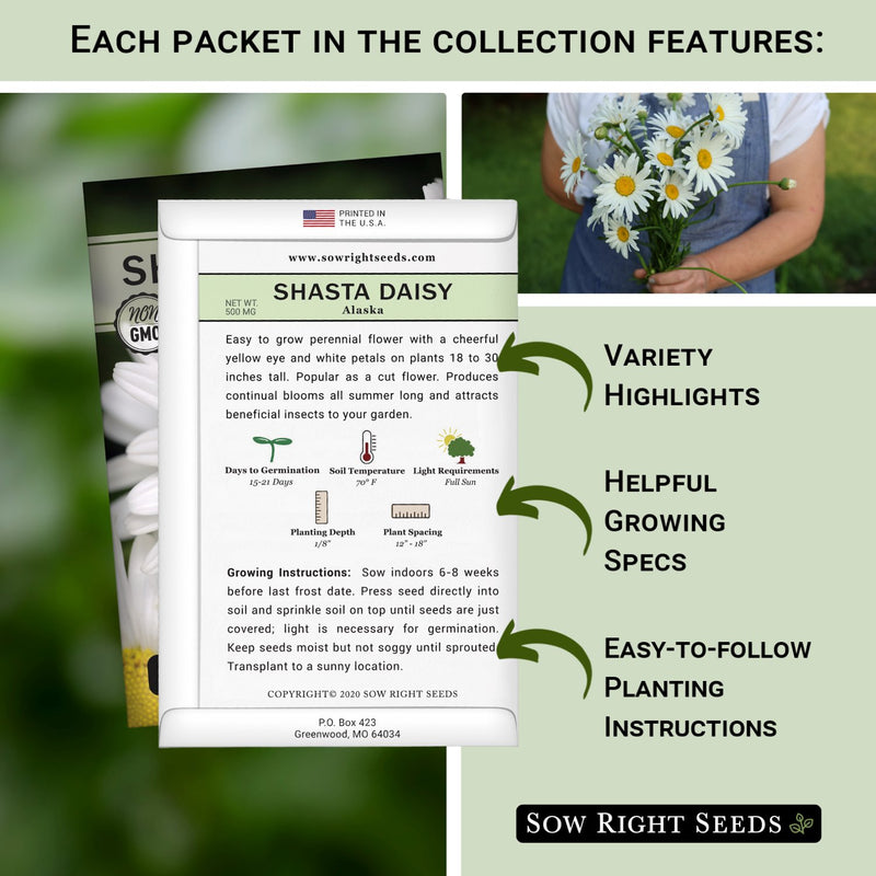 each packet in the daisy collection features variety highlights helpful growing specs easy to follow planting instructions