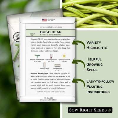 french slenderette bush bean seed packet includes variety highlights helpful growing specs easy to follow planting instructions